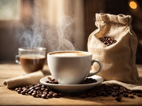 Light photo, in white and beige tones. Cup of hot coffee with steam on a wooden background. Coffee beans in a bag. Cozy homely atmosphere in pastel colors. This photo was generated using Leonardo AI