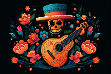 Day of the Dead Skull in a Mexican hat with Guitar Illustration Flowers
