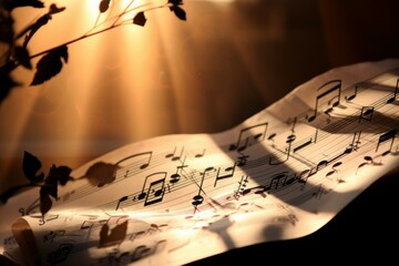 Music sheets old aged in the shadow. Line art paper musical melody. Generate Ai - obrazy, fototapety, plakaty
