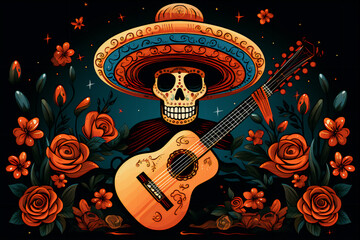 Day of the Dead Skull in a Mexican hat with Guitar Illustration Flowers