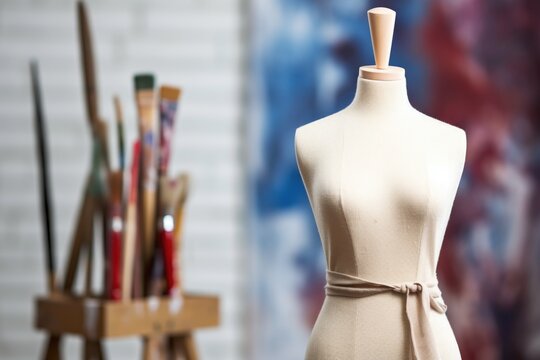 a wooden artists mannequin posed holding a paint brush on a blank canvas