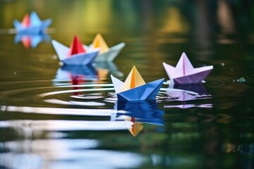 paper boats floating together on a calm pond
