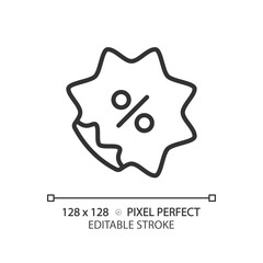 2D pixel perfect editable black discount percentage icon, isolated vector, simple thin line illustration representing discounts.