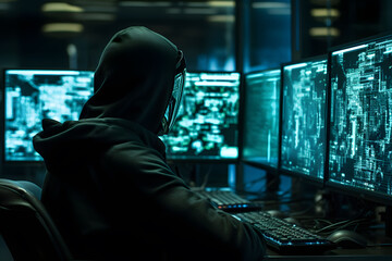 cyber hacker wearing a hoodie and mask exploiting system with hacking software while sitting in front of many computer screens. cyberthief cracking firewall and using a backdoor for cybercrime