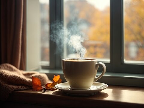 cup of coffee with steam on the windowsill, view from the window - autumn. Cozy homely atmosphere in pastel colors. This photo was generated using Leonardo AI