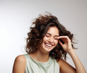 Generative AI image of a happy young woman smiling with curly hair