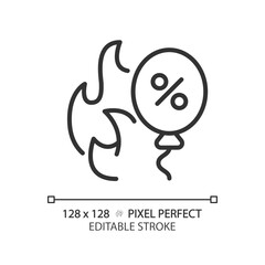 2D pixel perfect editable black flame and balloon discount icon, isolated vector, simple thin line illustration representing discounts.