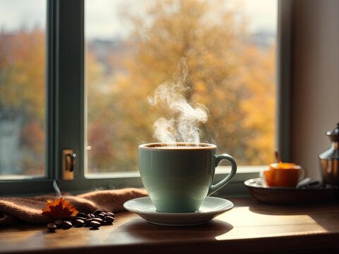 cup of coffee with steam on the windowsill, view from the window - autumn. Cozy homely atmosphere in pastel colors. This photo was generated using Leonardo AI