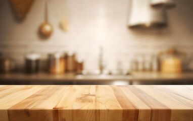 Empty brown wooden table with home kitchen background. Background templates for products, Banners or product templates to display on social media. Generative AI