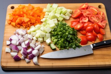 Obraz na płótnie Canvas sliced vegetables and a knife on a board