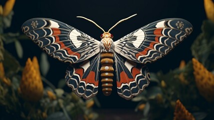 A close-up of an ornate hawk-eagle moth in its natural habitat, showcasing its intricate patterns...