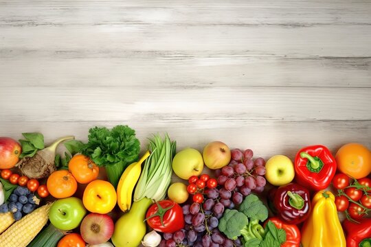 various kinds of vegetables in the photo in front of the wall with empty space above which you can write your text.