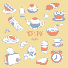 Doodle morning vibe. Hand drawn vector illustrator of breakfast.