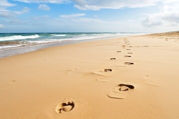 a trail of footprints on a sandy beach