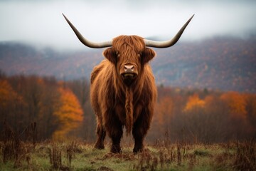 highland cow with long horns in the field