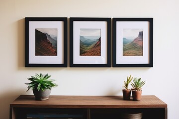 trio of picture frames showing diverse landscapes on a wall