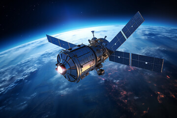 Communication satellite gracefully orbiting Earth, tirelessly connecting the world. Ai generated