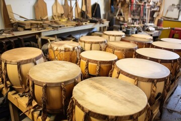 Obraz na płótnie Canvas native drums waiting for their membranes on workbench