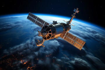 Obraz premium Communication satellite gracefully orbiting Earth, tirelessly connecting the world. Ai generated