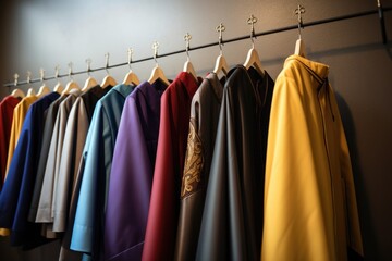 multiple clergy robes aligned on a coat rack