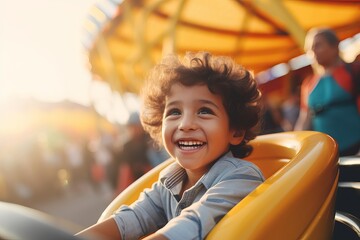 Kid Laughing and Sitting in the Roller Coaster