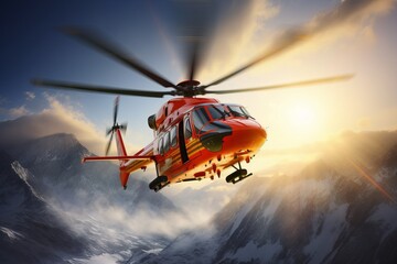 Fototapeta na wymiar Rescue Helicopter flies over Snowy Mountains