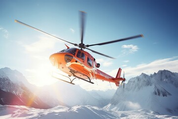 Rescue Helicopter flies over Snowy Mountains - obrazy, fototapety, plakaty