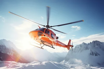 Selbstklebende Fototapeten Rescue Helicopter flies over Snowy Mountains © MADNI