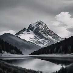 there is a painting of a mountain with a lake in the foreground