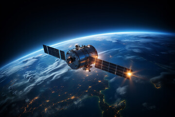 Fototapeta premium Communication satellite gracefully orbiting Earth, tirelessly connecting the world. Ai generated