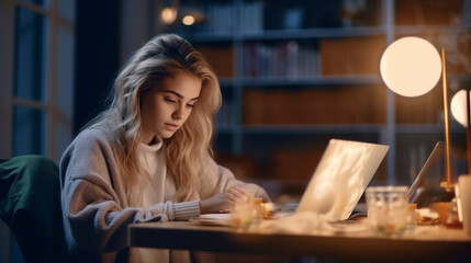 Young blonde student sitting in the university library studying. Generative AI