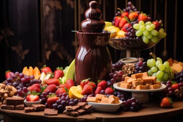 chocolate fountain surrounded by fresh fruits
