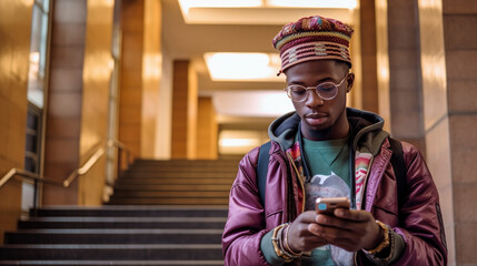 Joyful and carefree African-American man using smartphone isolated on grey, black guy spends leisure in social networks, chatting online, shopping, using new mobile app,Generative AI - obrazy, fototapety, plakaty