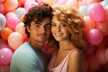 Portrait of a young beautiful couple on a background of pink balloons