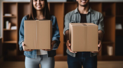 young couple move cardboard boxes with their hands. Generative AI.