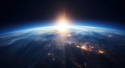 Fototapeta premium photo of the earth's surface from space and the bright rays above it. Generative AI