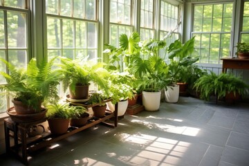 Fototapeta na wymiar potted ferns placed around the floor of a sunlit sunroom