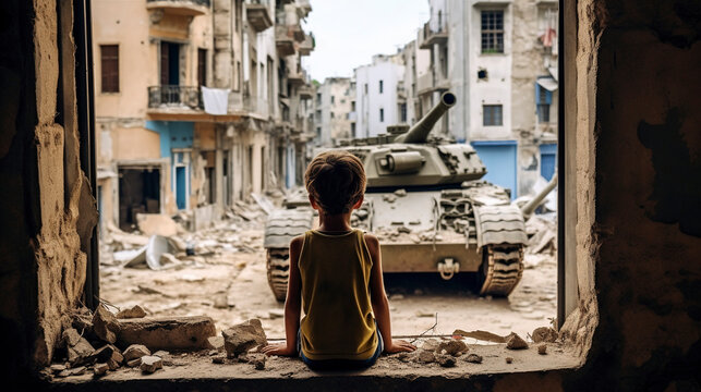 boy watches a war tank from the window of his house. a city at war. Generative AI