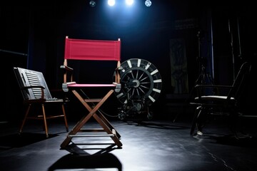 cinema reel, clapperboard, and directors chair in spotlight - obrazy, fototapety, plakaty
