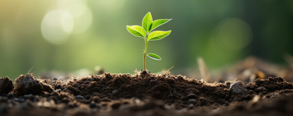Young green sapling growing up from the ground. Plant growth and ecological concept