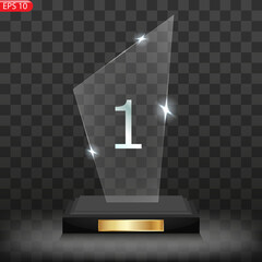 Glass trophy award. Crystal prizes with blank golden, silver and bronze medals 3D isolated clipart set on gray background.