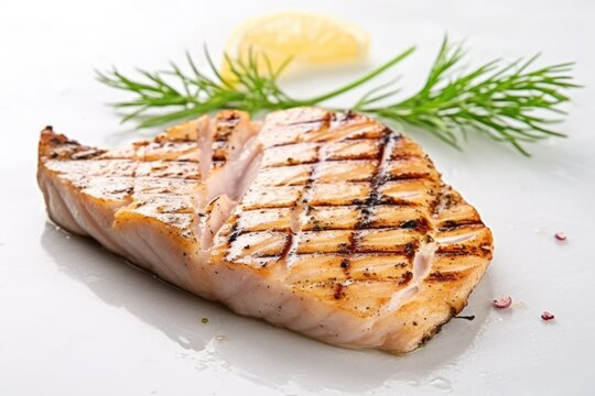 Flaky Texture Of Grilled Swordfish Steak On A White Counter