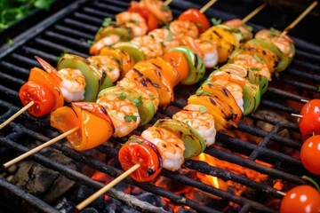 bamboo skewers with prawns on a barbecue rack