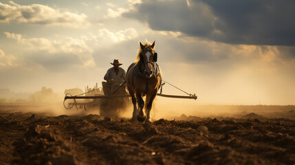 Papier peint photo intissé A Determined Farmer Plowing a Vast Open Field