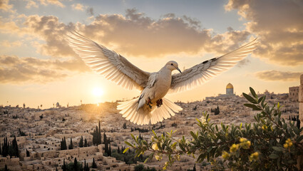 The dove and the olive branch over conflict lands - obrazy, fototapety, plakaty