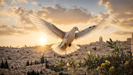 Gordijnen The dove and the olive branch over conflict lands © AungThurein