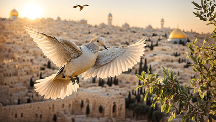 The dove and the olive branch over conflict lands - obrazy, fototapety, plakaty