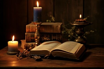 Old book and candles on wooden table in antique room. History ancient wood note. Generate AI