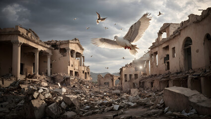 The dove and an olive branch over the conflict lands - obrazy, fototapety, plakaty