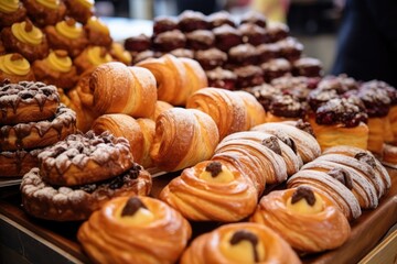 french pastries arranged in a bakery - obrazy, fototapety, plakaty
